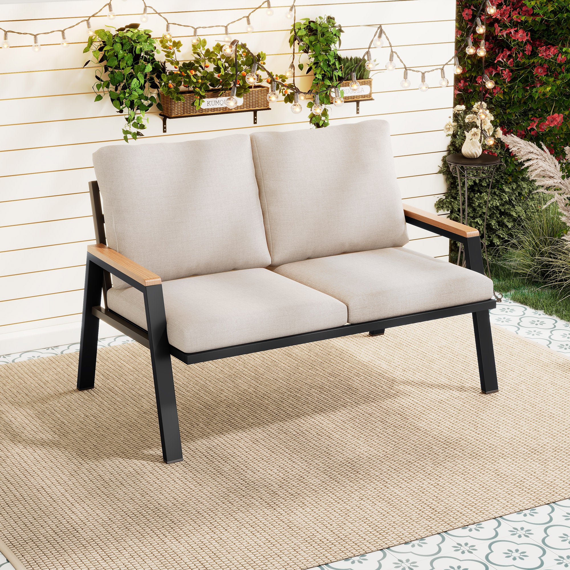 Outdoor 2-Sitzer Sofa – Gartenbank im Industrial Design mit Stahlrahmen und Komfortpolster