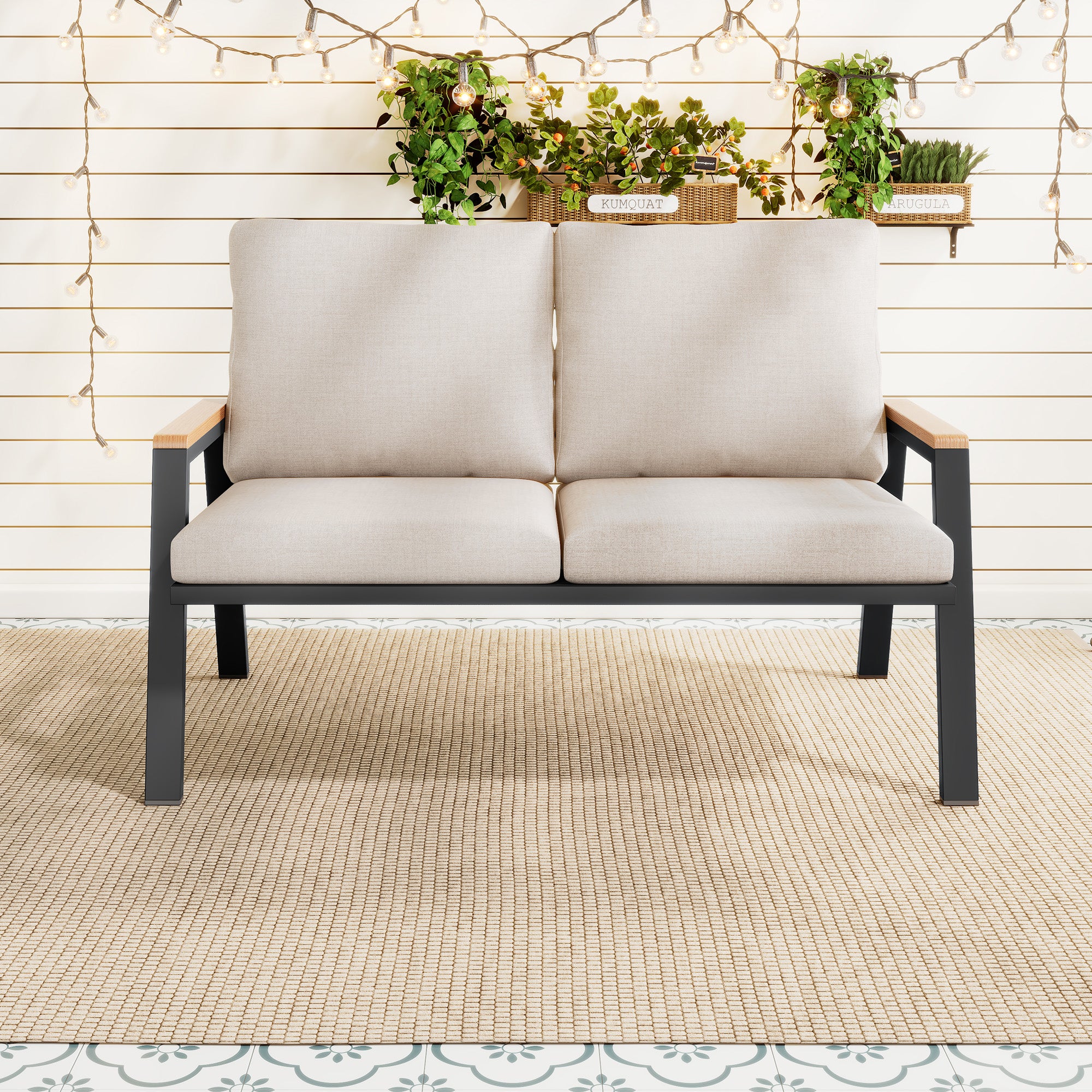 Outdoor 2-Sitzer Sofa – Gartenbank im Industrial Design mit Stahlrahmen und Komfortpolster