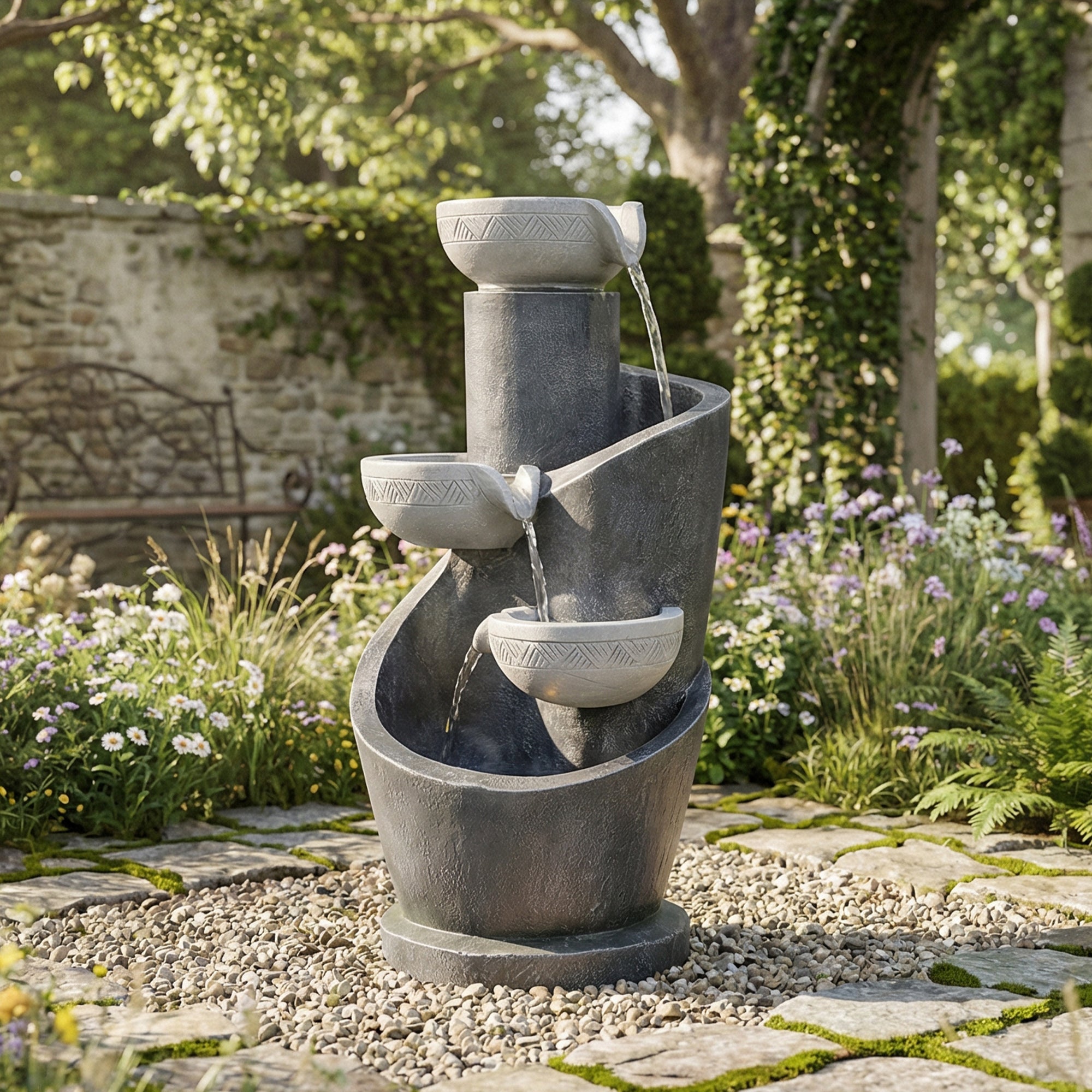 Gartenbrunnen mit LED-Beleuchtung – Dekoratives Wasserspiel mit Pumpe für Garten und Terrasse