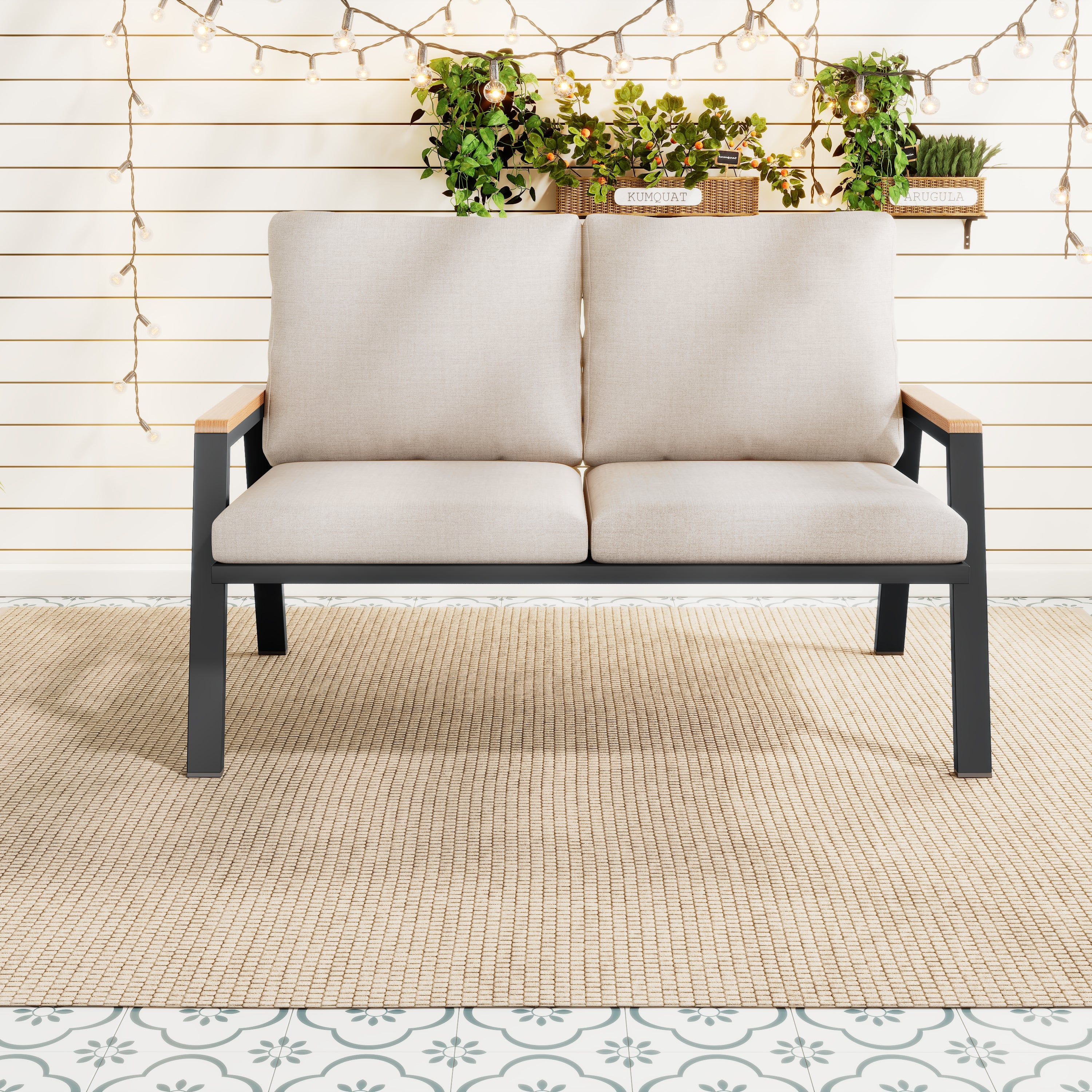 Outdoor 2-Sitzer Sofa – Gartenbank im Industrial Design mit Stahlrahmen und Komfortpolster