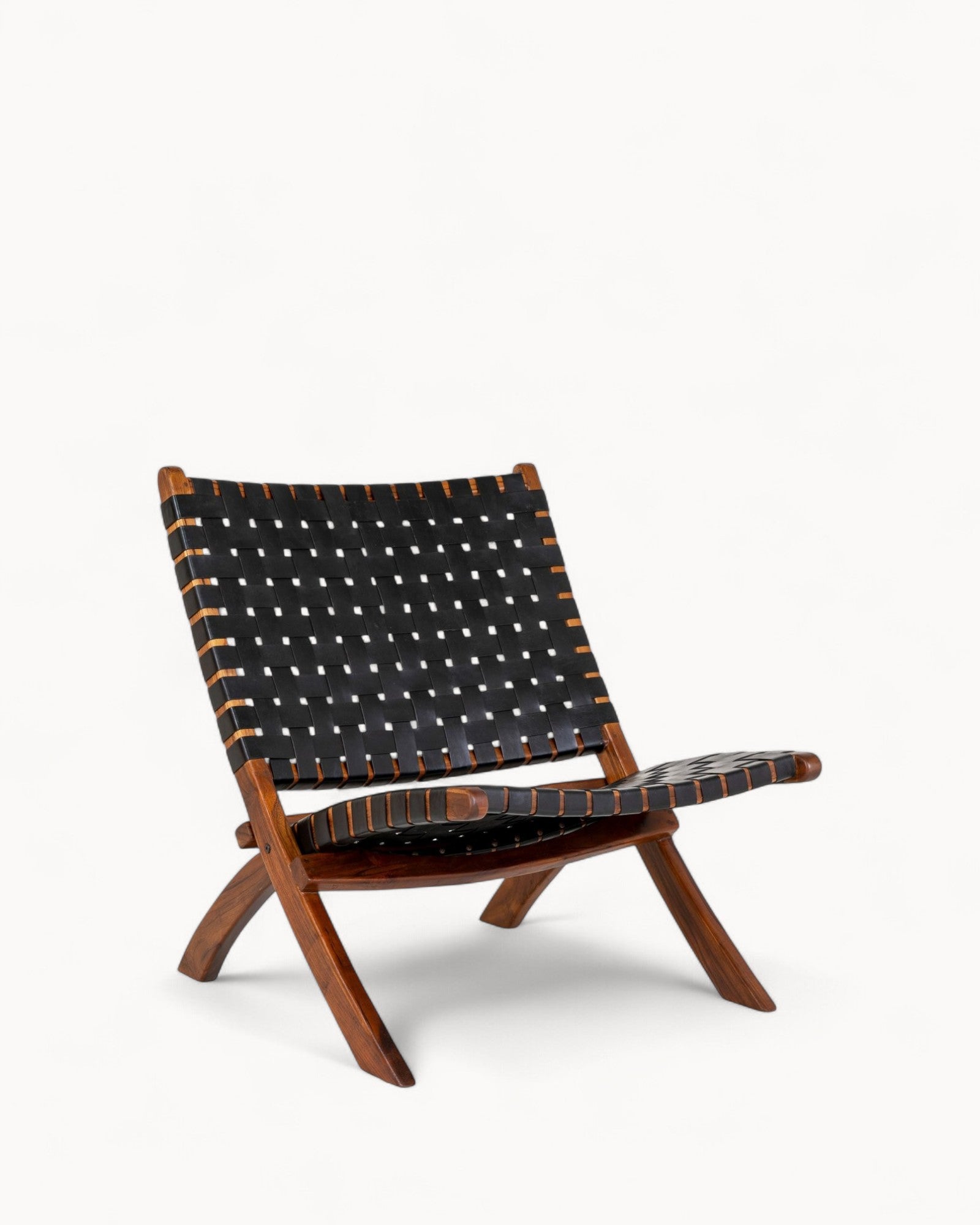 Faltbarer Stuhl – Schwarz Leder mit Teakholzbeinen – Modernes Design