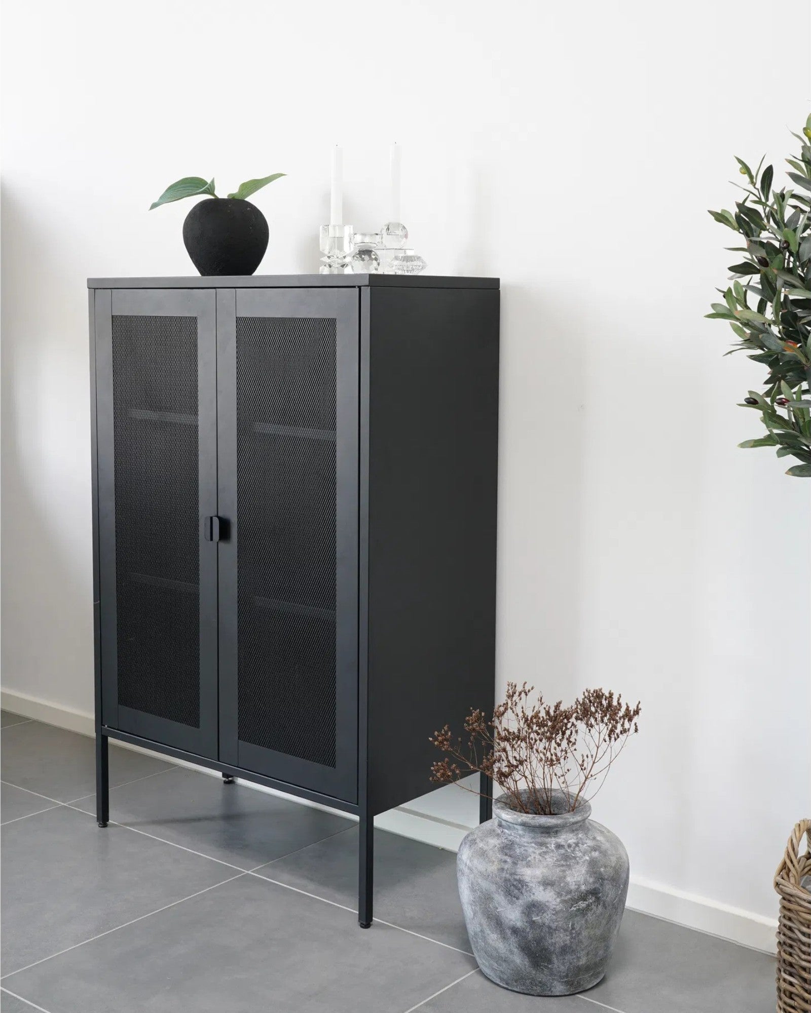 Metallschrank mit Mesh-Türen – Schwarz – 80x40x120 cm – Industrial