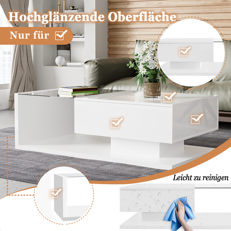 Moderner Couchtisch Hochglanz Weiß mit Glas & LED