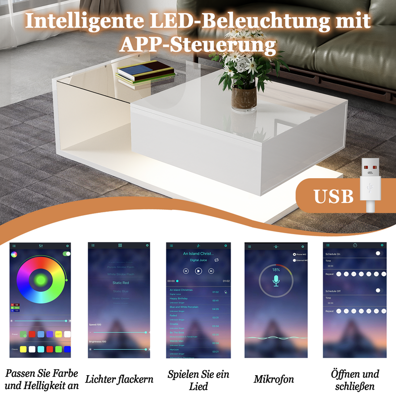 Moderner Couchtisch Hochglanz Weiß mit Glas & LED