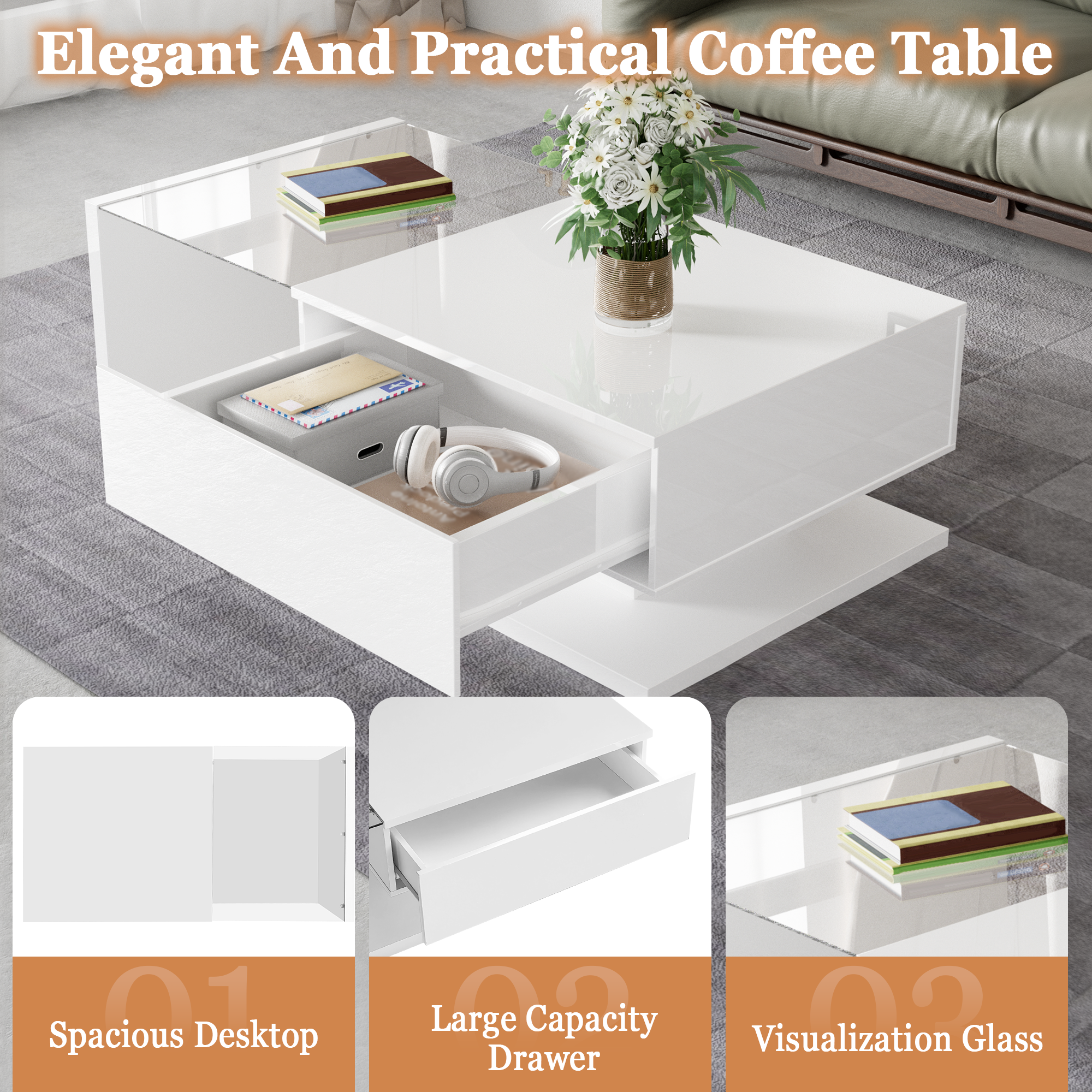 Moderner Couchtisch Hochglanz Weiß mit Glas & LED