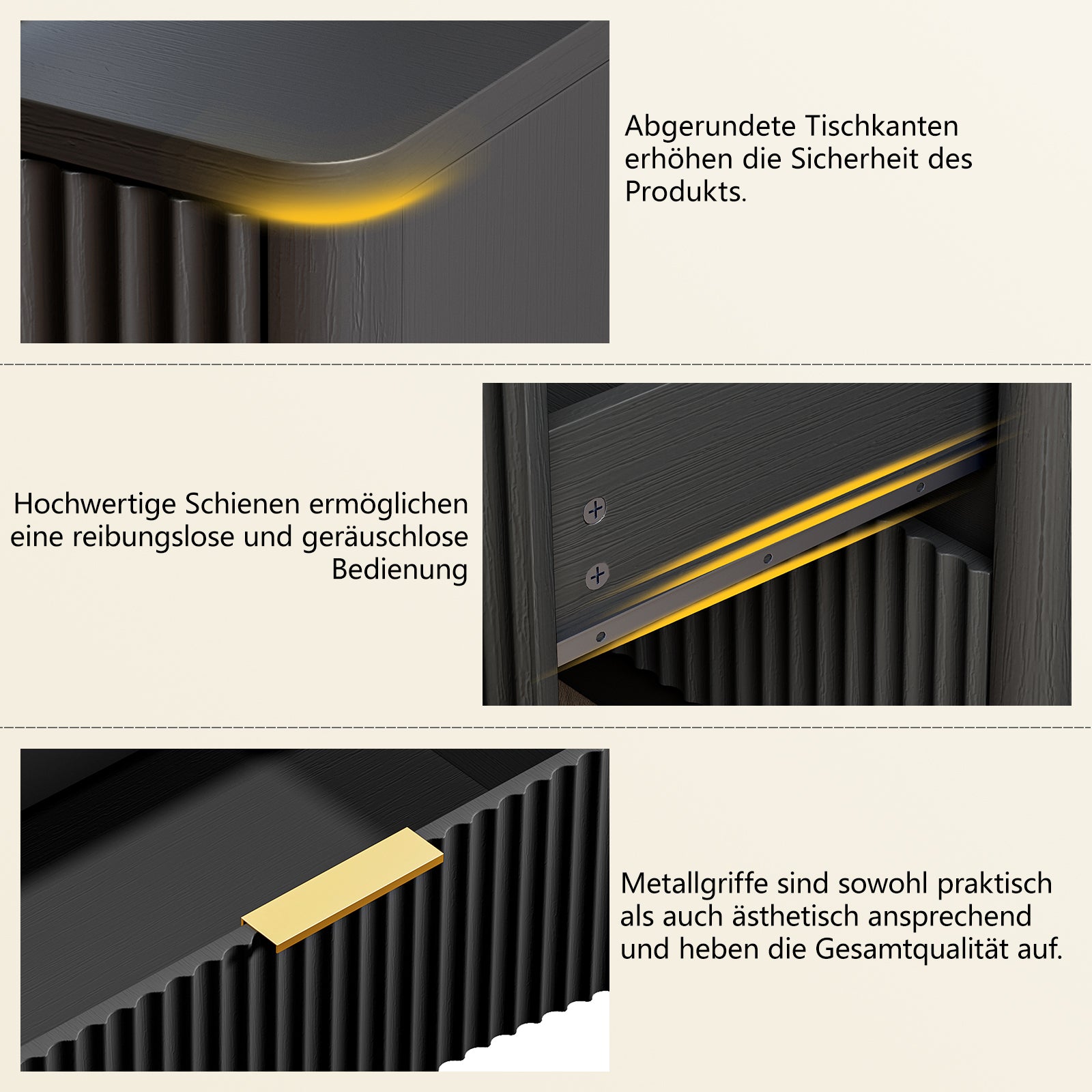 Moderner Nachttisch mit 3 Schubladen und geriffelter Front