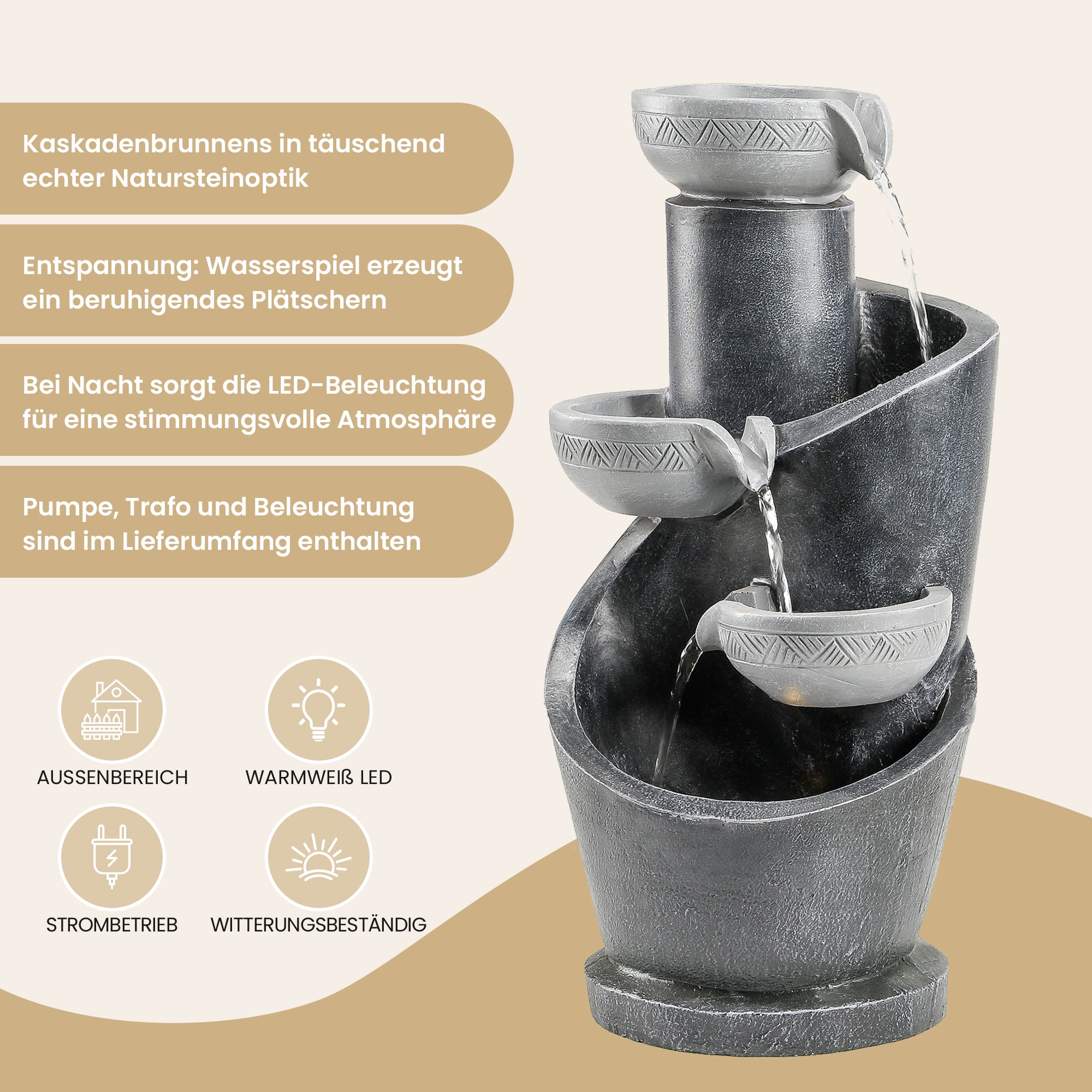Gartenbrunnen mit LED-Beleuchtung – Dekoratives Wasserspiel mit Pumpe für Garten und Terrasse