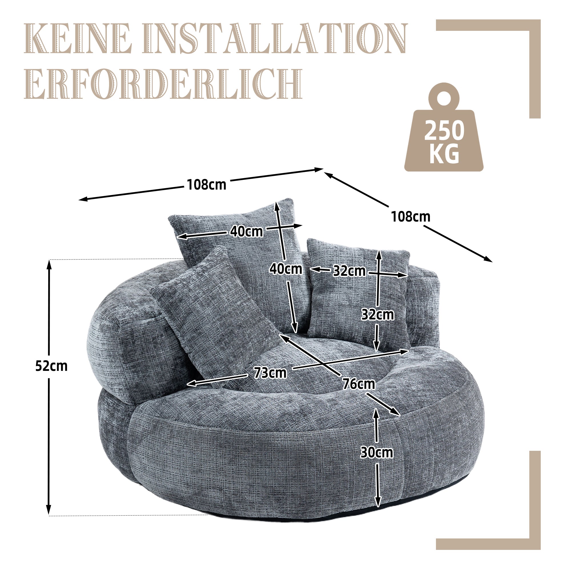 Runder Lazy Sofa Lounger in Grau – Komfortabler Chenille Sitzsack mit Kissen