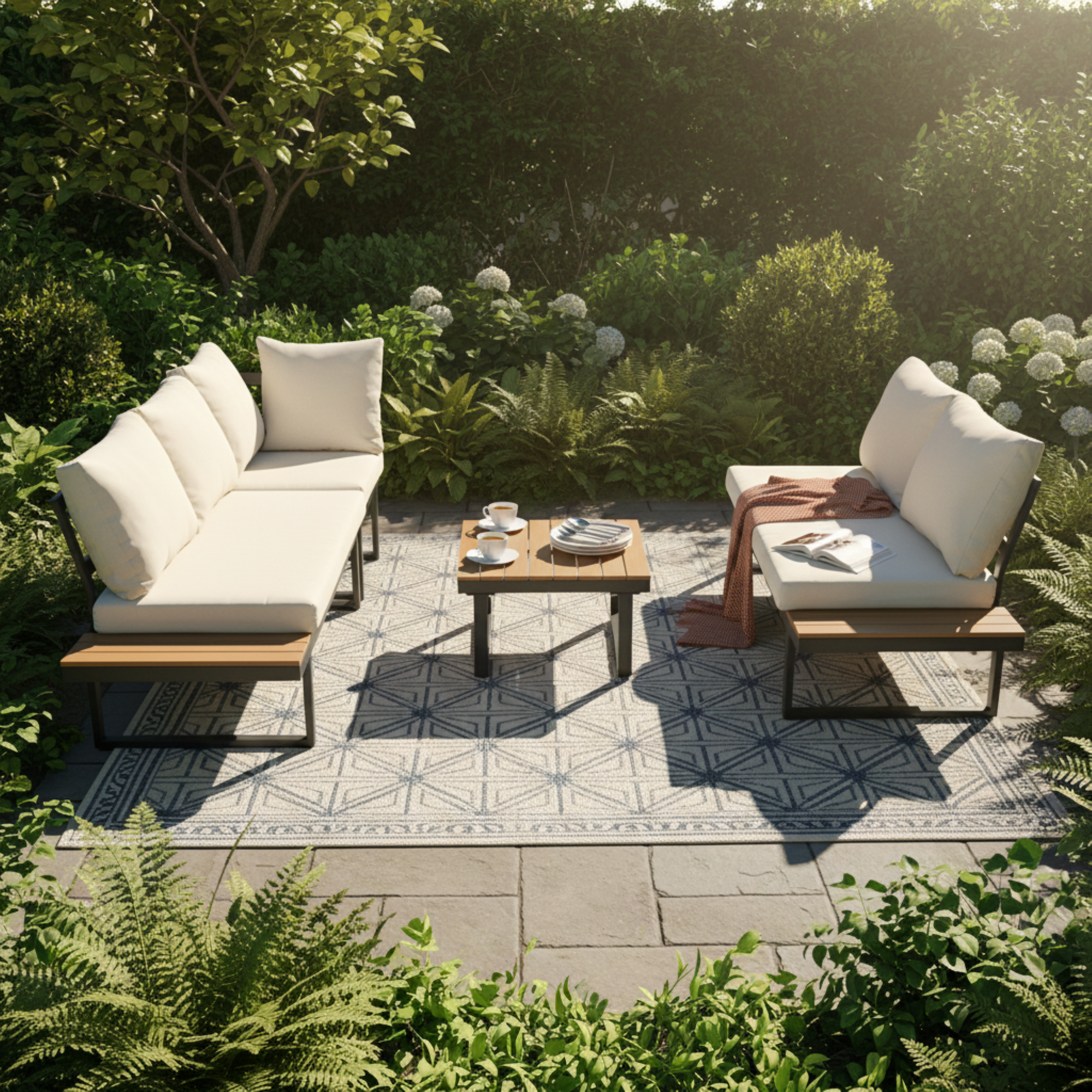 Garten Lounge Set mit verstellbarer Rückenlehne – Outdoor Sofaset mit Tisch und Stahlrahmen