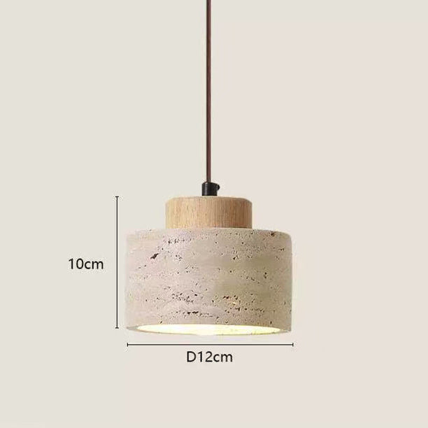 Travertin Pendelleuchte mit Holzdetail – Wabi-Sabi Designer Hängelampe aus Naturstein