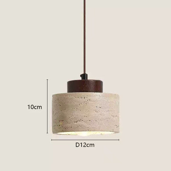 Travertin Pendelleuchte mit Holzdetail – Wabi-Sabi Designer Hängelampe aus Naturstein