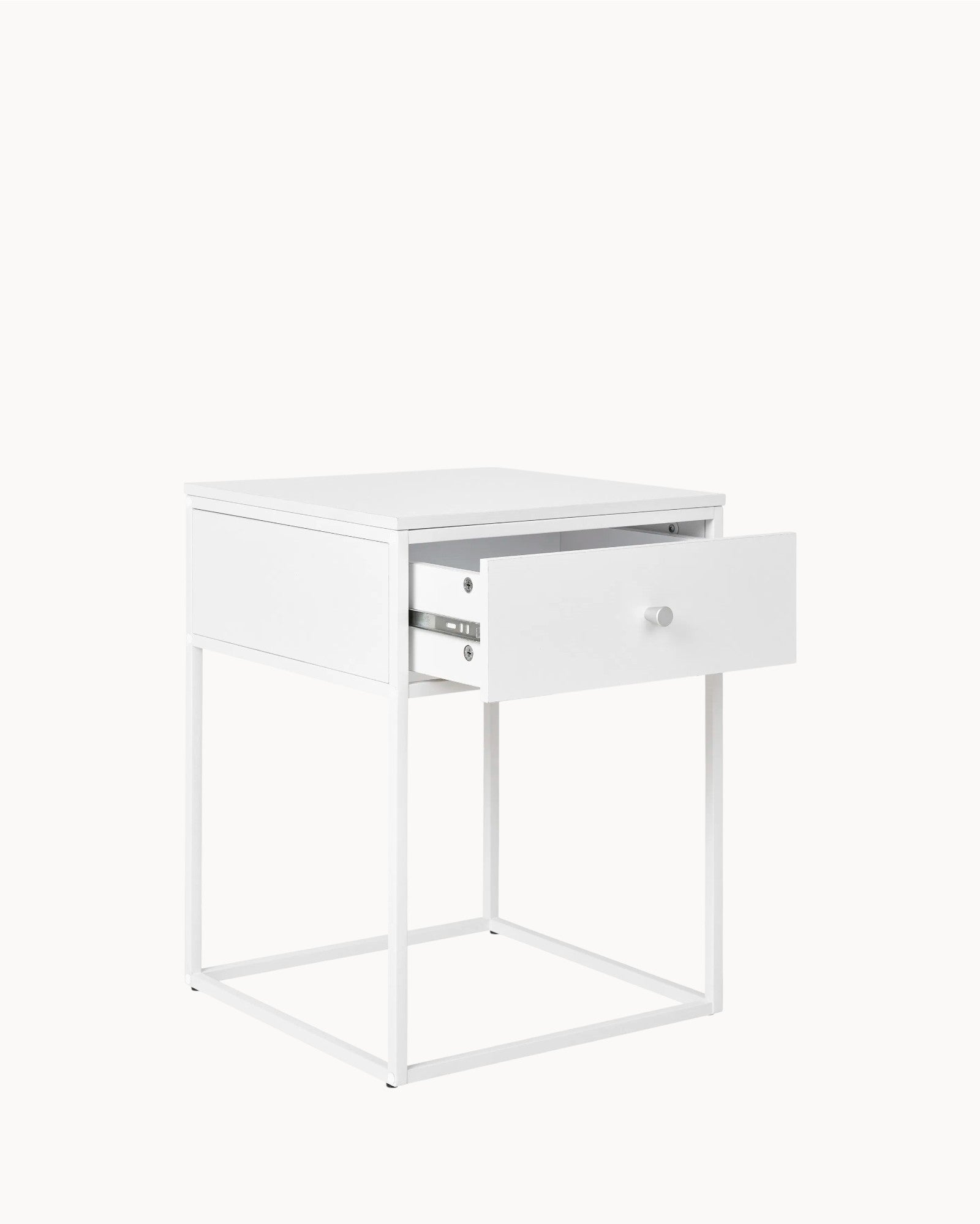 Vita Side Table – Weißer Beistelltisch mit Schublade – Metallrahmen, 55 cm