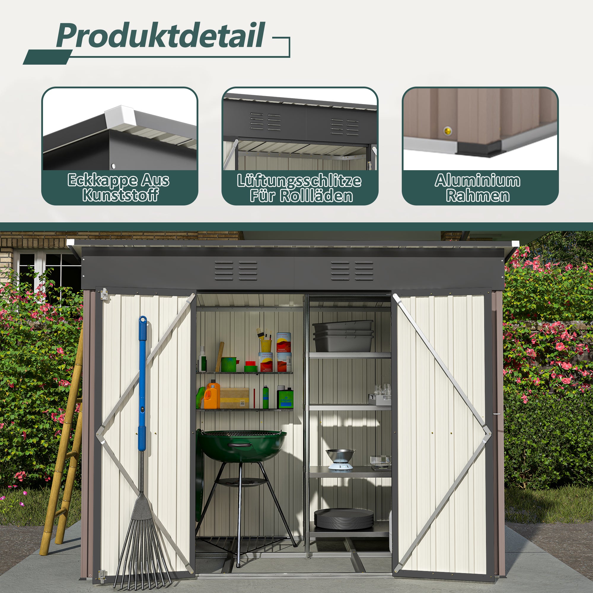 Metall Gerätehaus 8x4 FT – Wetterfester Gartenschuppen mit Fundament & Belüftungssystem