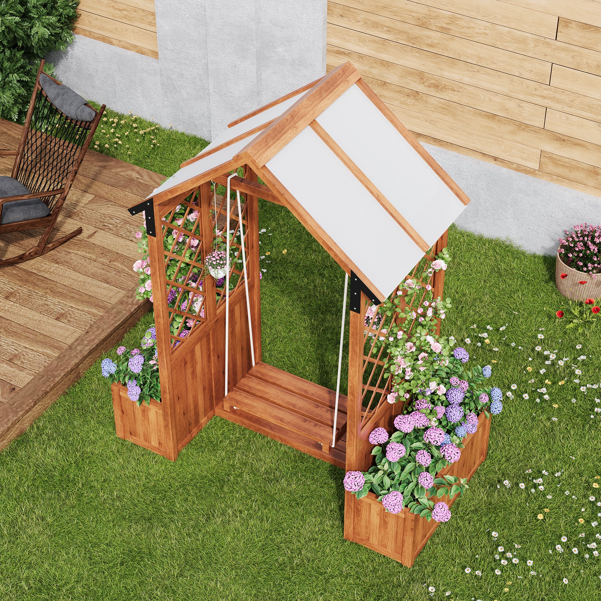 Pflanzkübel mit Schaukel und Rankgitter – Garten-Pflanzgefäß mit Sonnendach und Holzrahmen