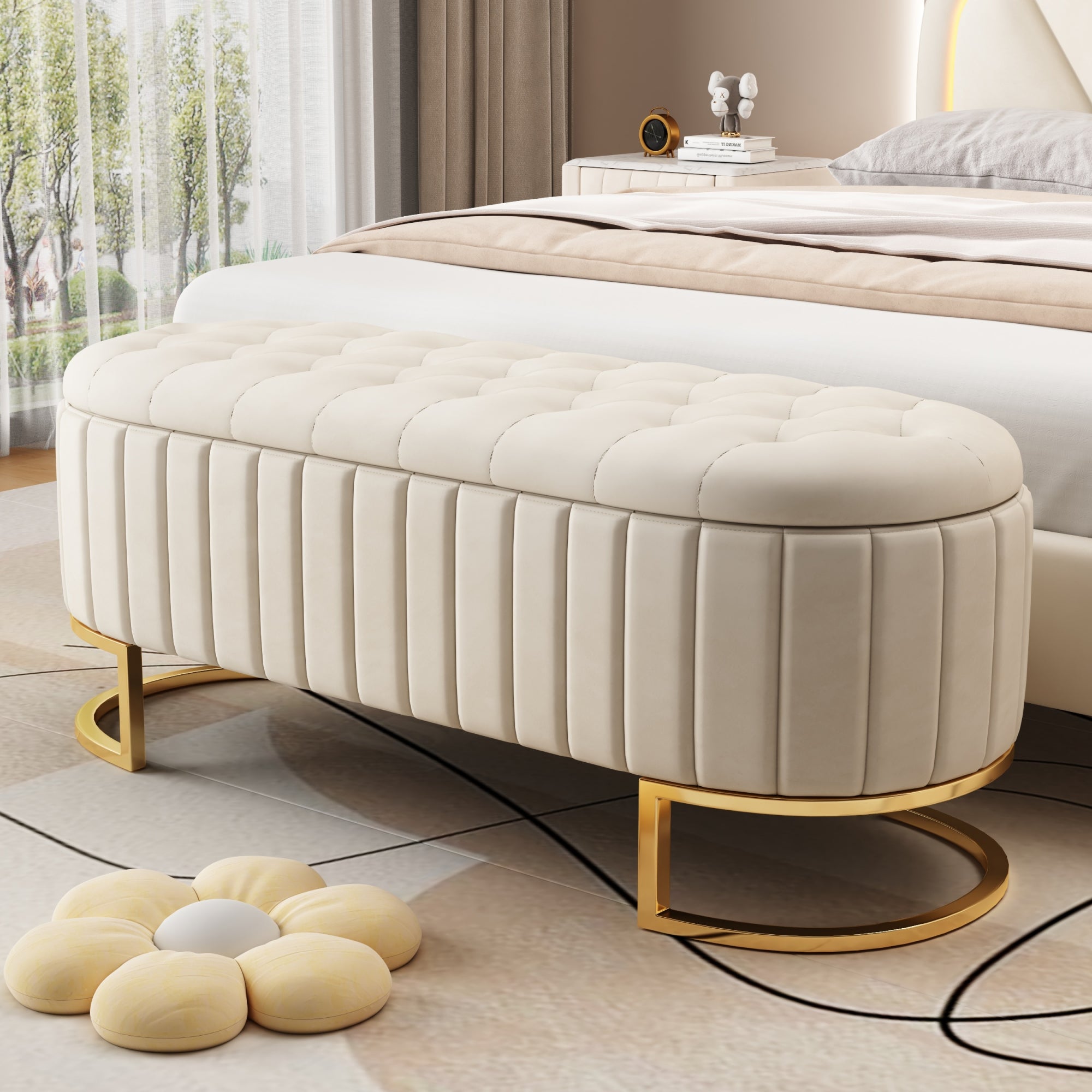 Moderne Samt Sitzbank mit Stauraum in Beige