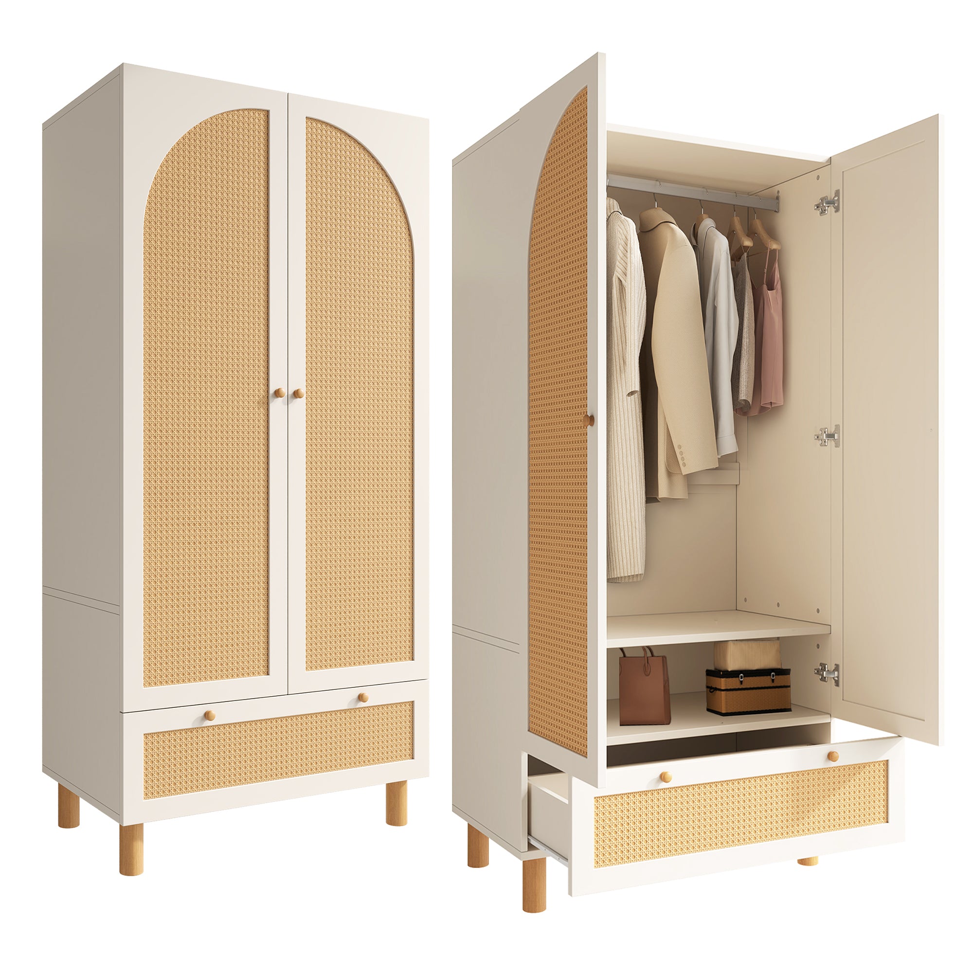 Landhaus Kleiderschrank mit Rattanfront und vielseitigem Stauraum