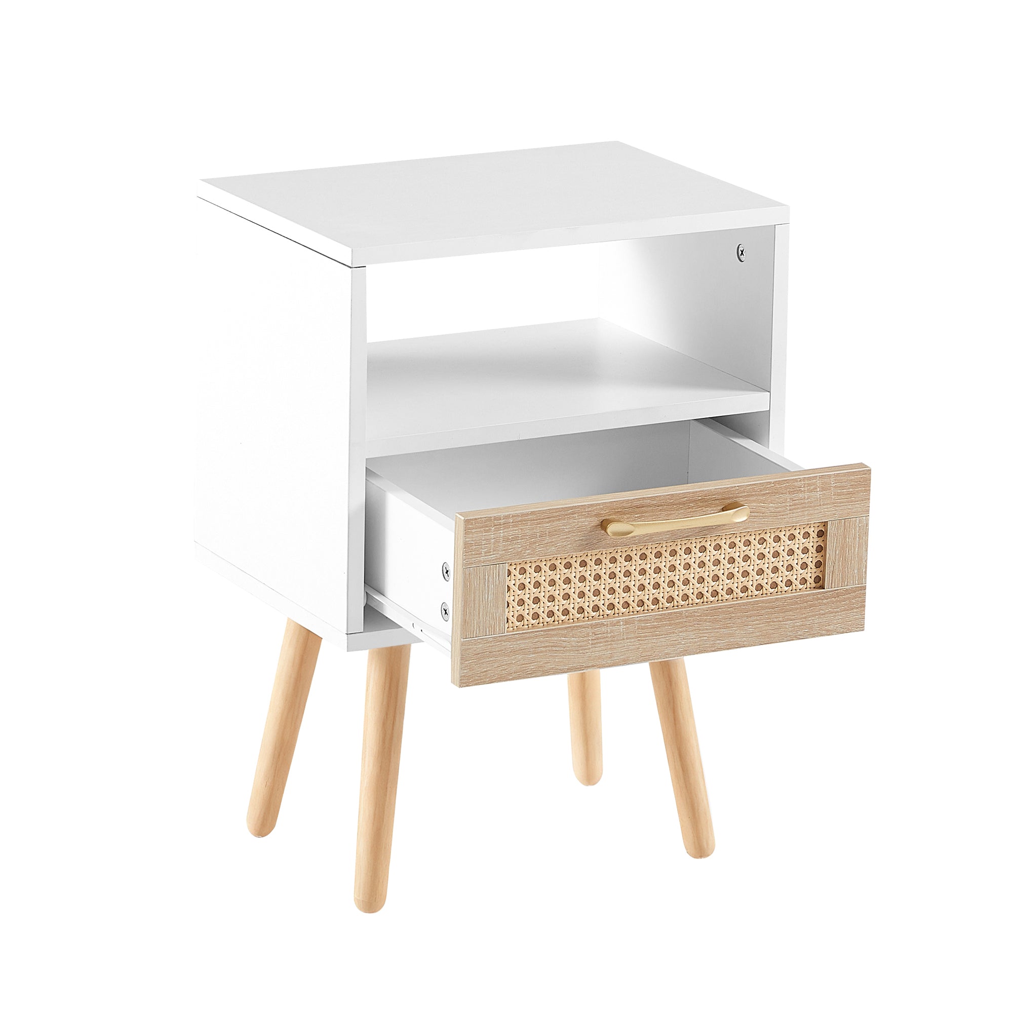 Moderner Nachttisch mit Rattan-Schublade und offener Ablage