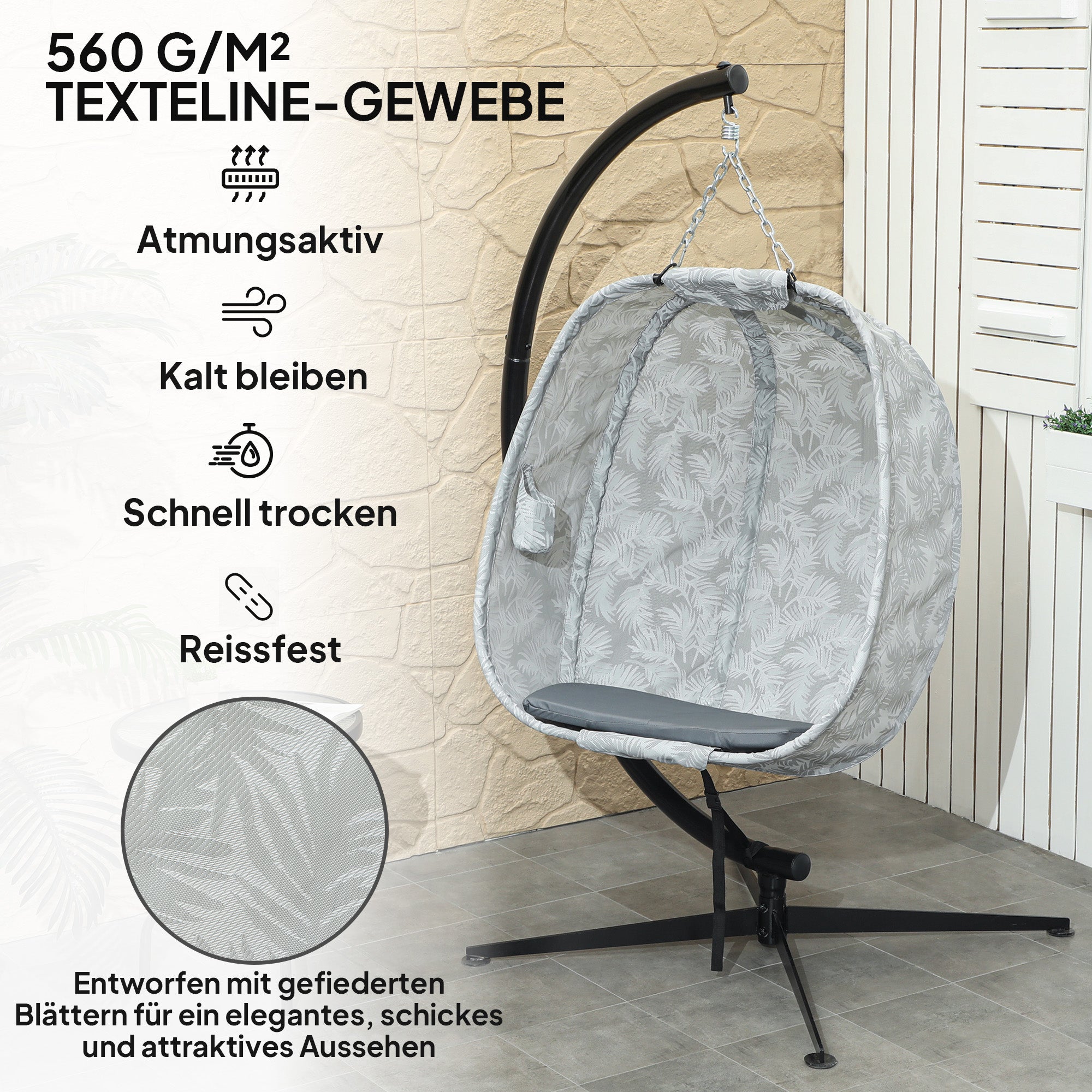 Ei-Hängesessel mit Gestell – Faltbarer Outdoor Schaukelsessel mit dickem Kissen & Getränkehalter