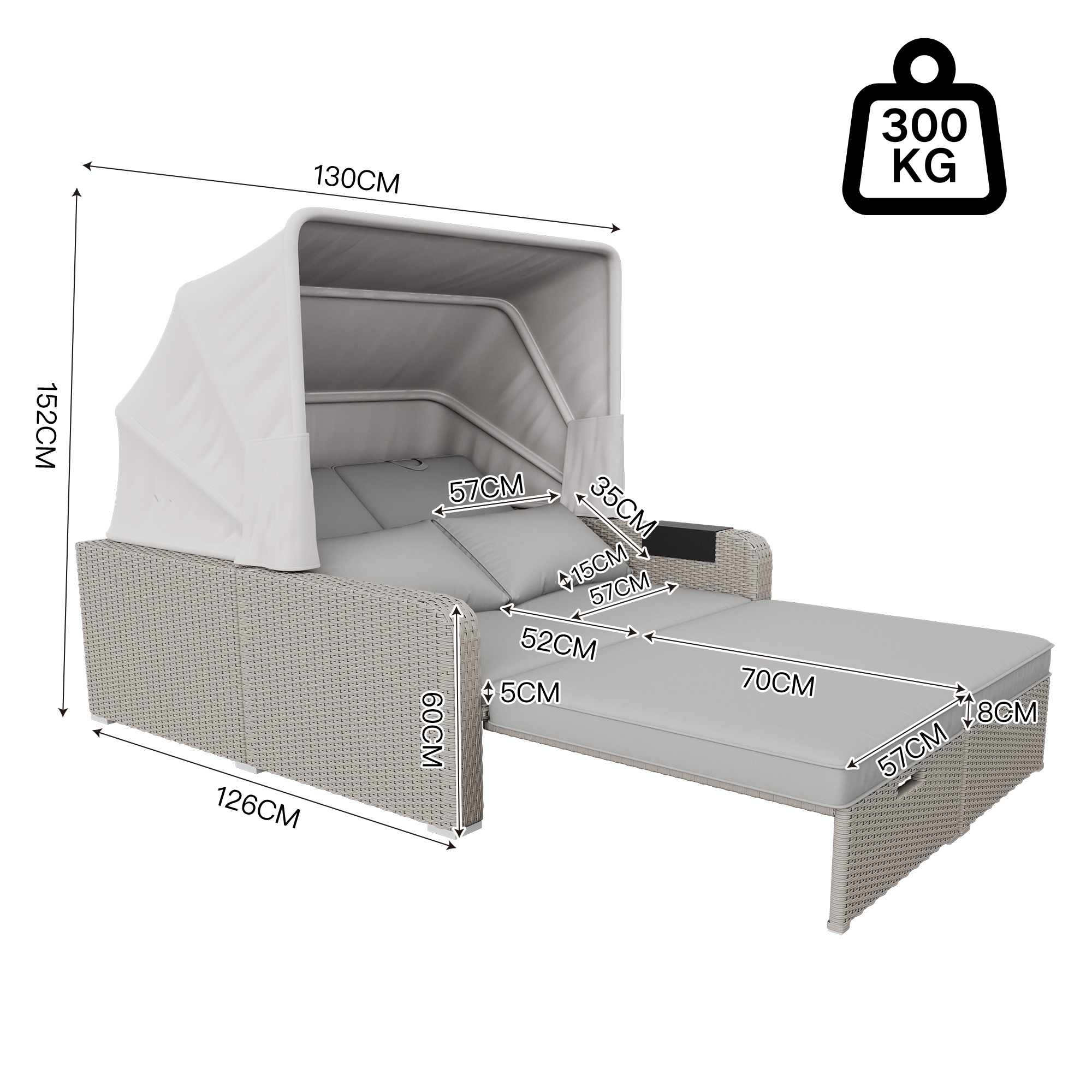 Polyrattan Garten-Loungesofa für 2 Personen – Multifunktionales Outdoor-Sofa mit Markise & ausziehbarer Liege