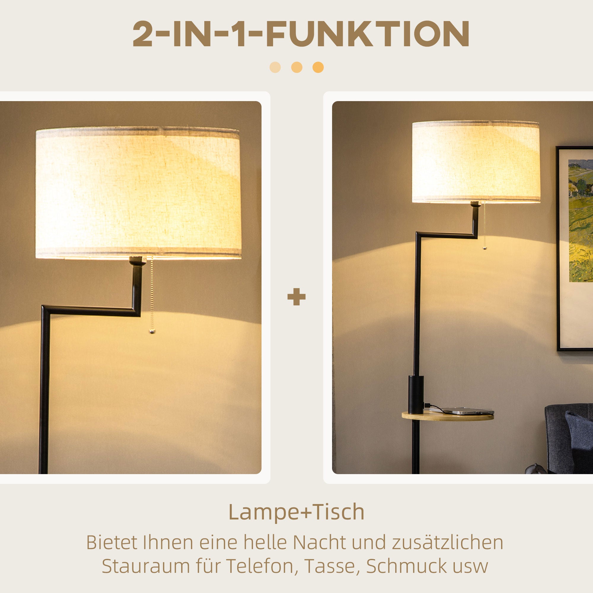 Moderne Stehleuchte mit Ablage und USB-Anschluss für funktionales Wohnen