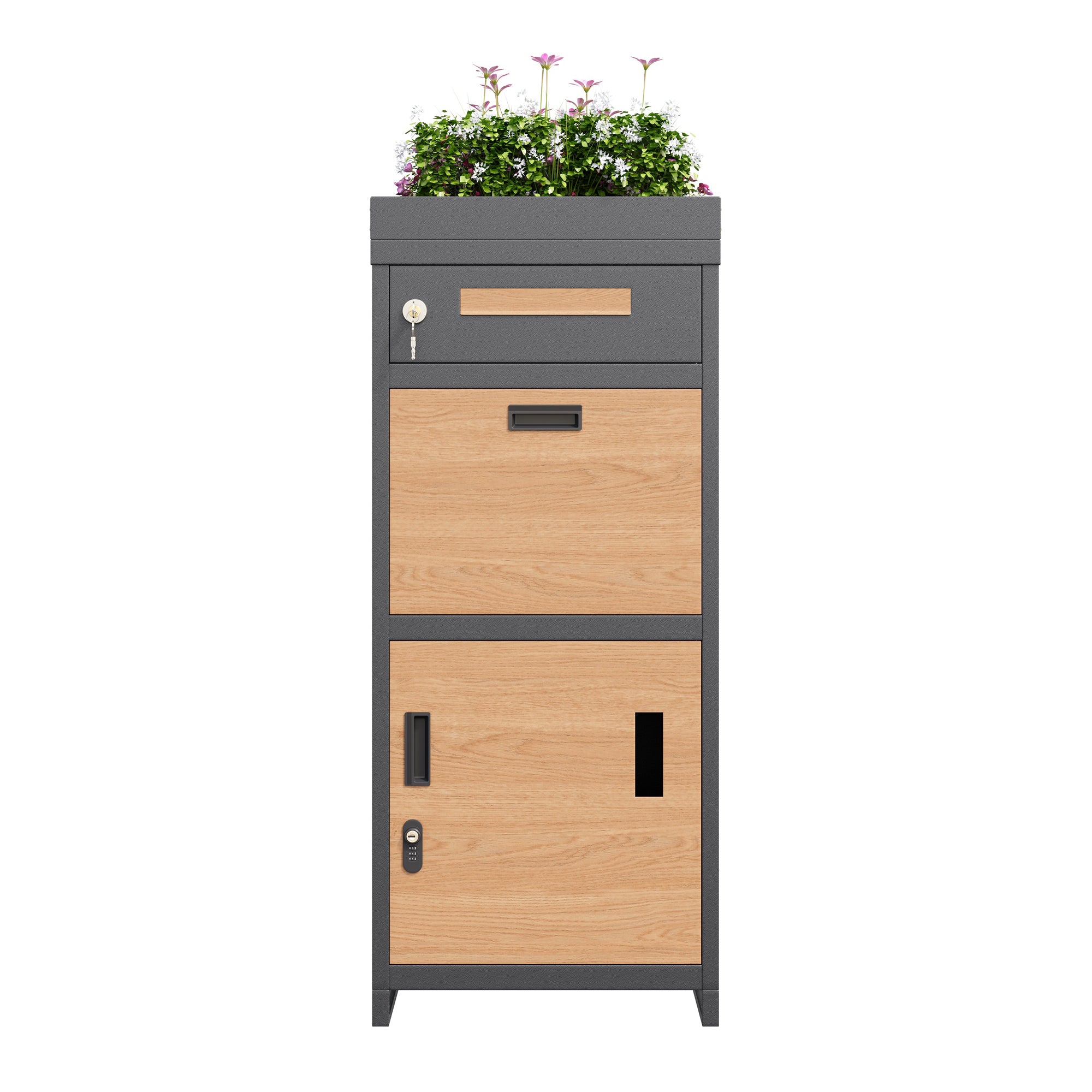 Paketbriefkasten mit Pflanzkasten – Abschließbarer Außenbriefkasten mit Zahlenschloss & Stauraum