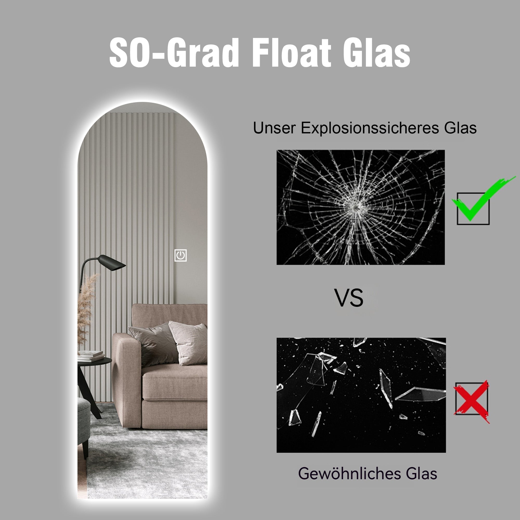 LED Ganzkörperspiegel mit Bogenform und Touch-Funktion