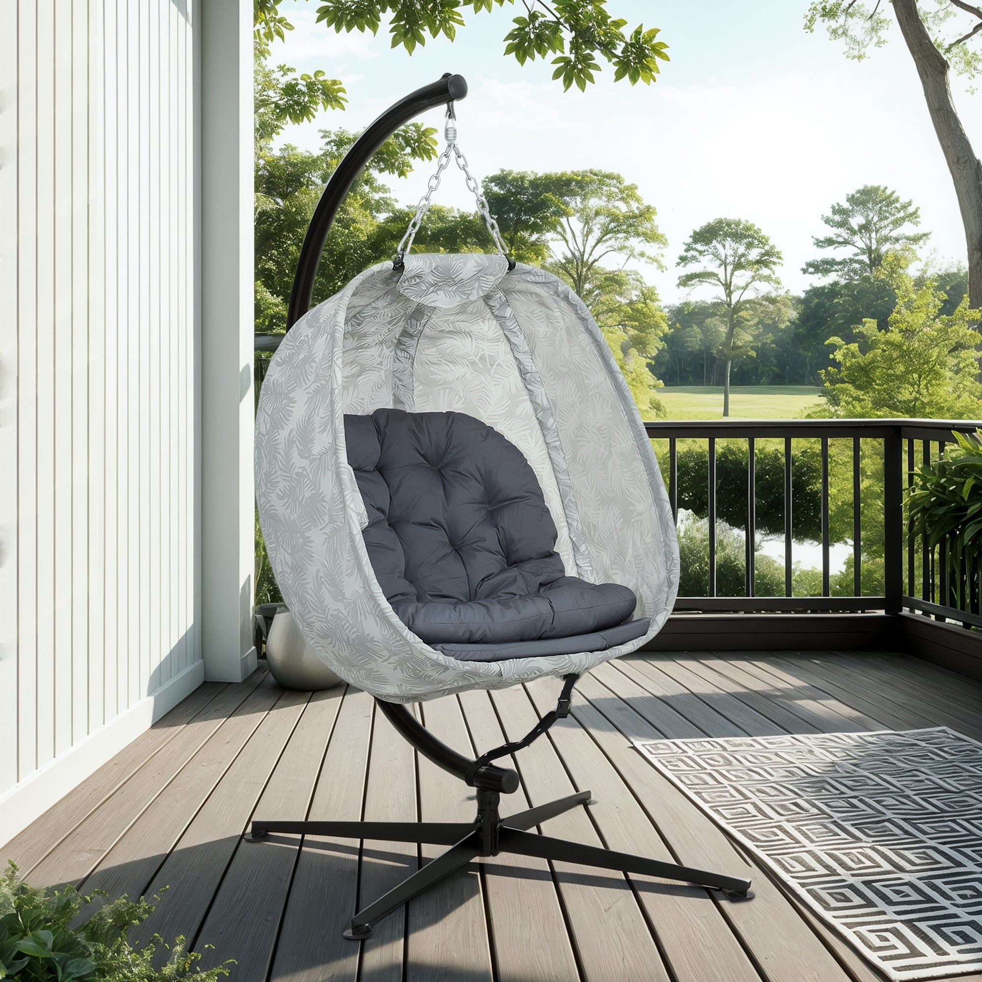 Ei-Hängesessel mit Gestell – Faltbarer Outdoor Schaukelsessel mit dickem Kissen & Getränkehalter
