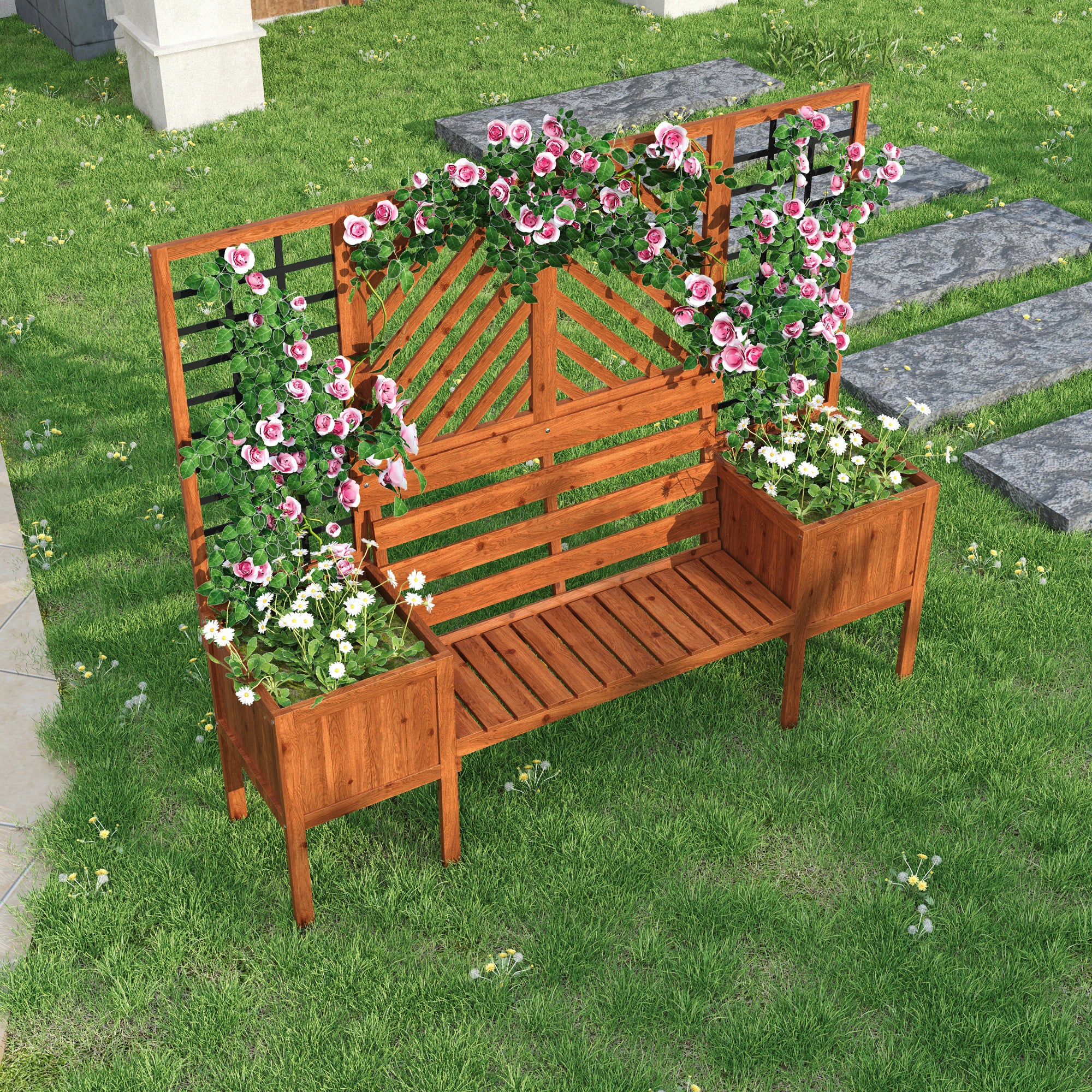 Pflanzkübel mit Spalier und Sitzbank – Massivholz Pflanzkasten für Garten und Terrasse