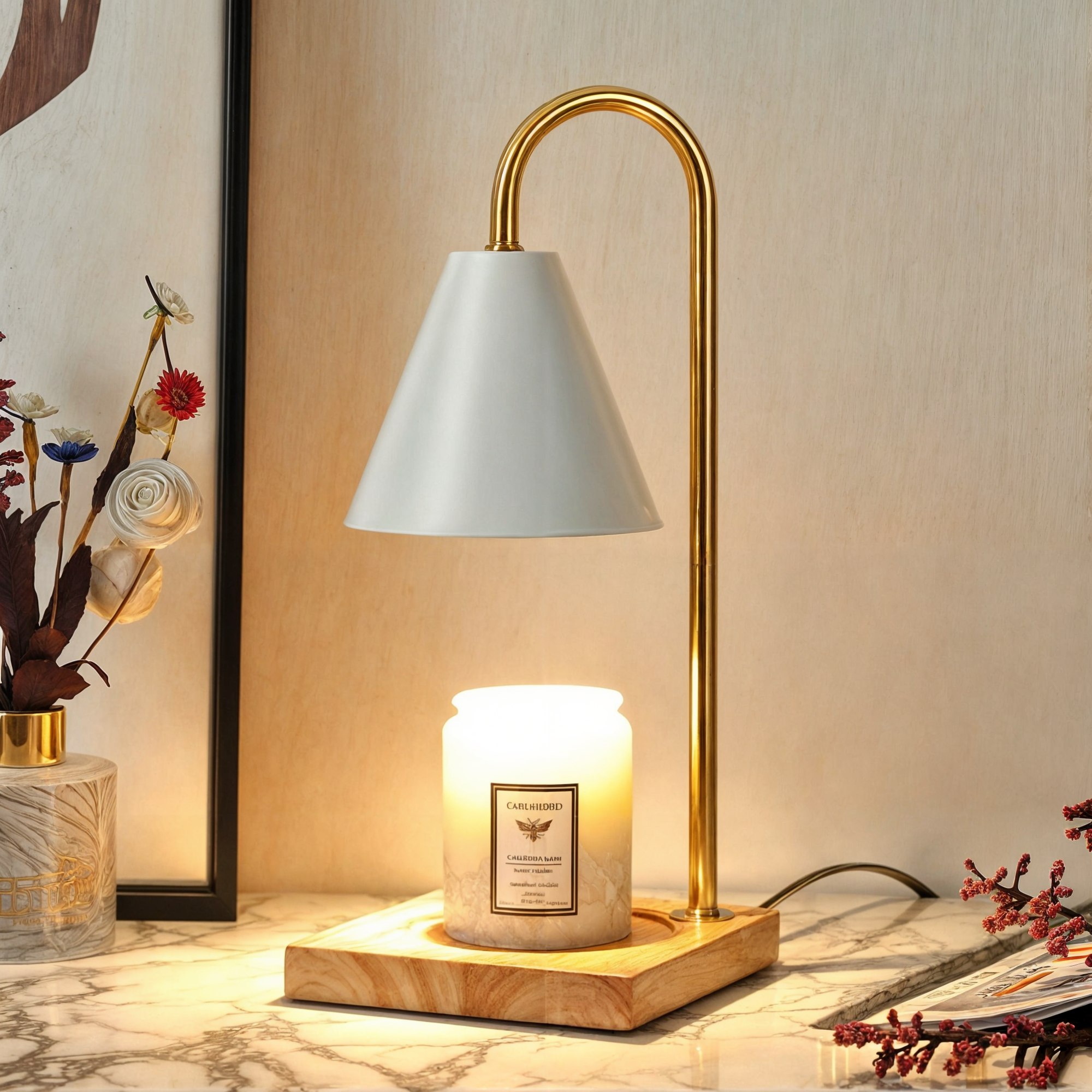 Dimmbare Kerzenwärmerlampe | Elektrischer Aromaschmelzer mit einstellbarer Helligkeit | Holzsockel, modernes Design in Weiß, Schwarz, Gold | Sichere & umweltfreundliche Duftkerzenheizung