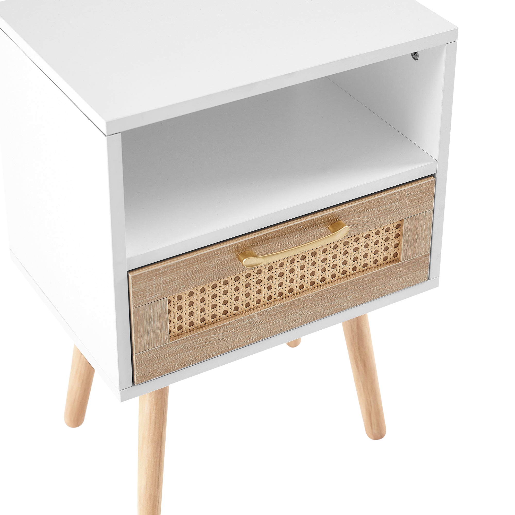 Moderner Nachttisch mit Rattan-Schublade und offener Ablage